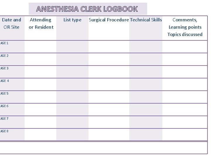 ANESTHESIA CLERK LOGBOOK Date and OR Site CASE 1 CASE 2 CASE 3 CASE