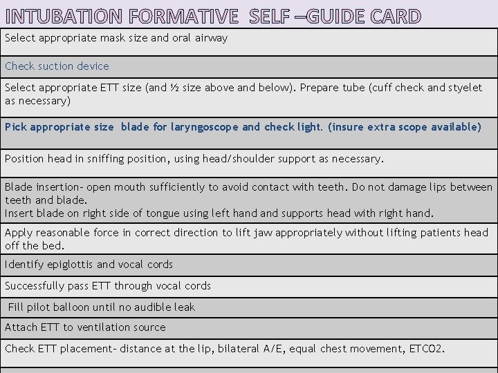 INTUBATION FORMATIVE SELF –GUIDE CARD Select appropriate mask size and oral airway Check suction