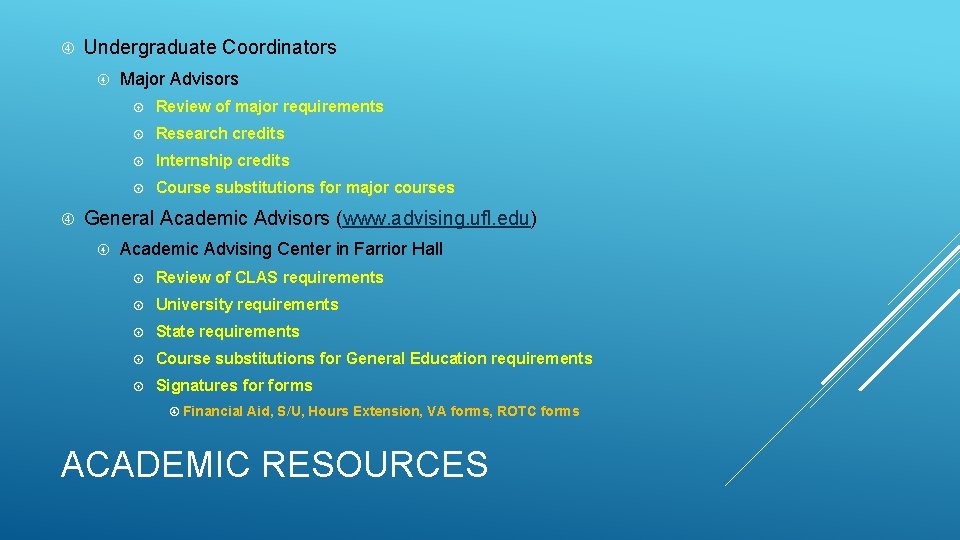  Undergraduate Coordinators Major Advisors Review of major requirements Research credits Internship credits Course