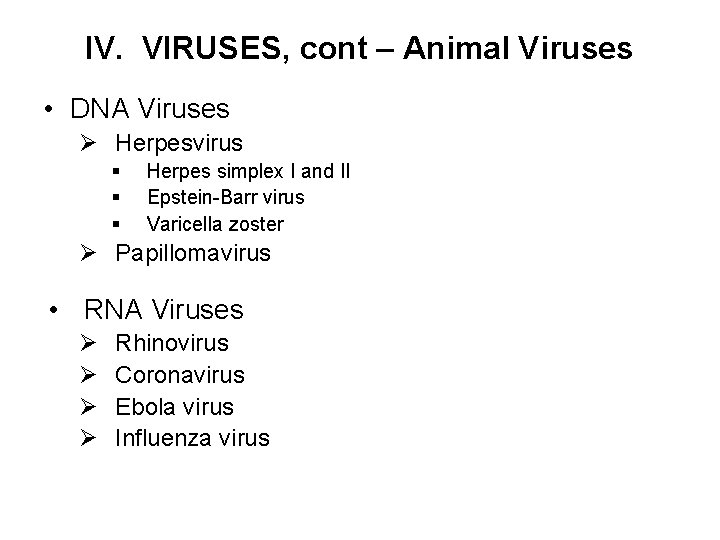IV. VIRUSES, cont – Animal Viruses • DNA Viruses Ø Herpesvirus § § §
