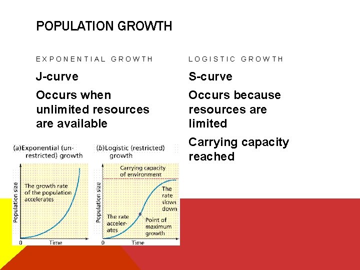POPULATION GROWTH EXPONENTIAL GROWTH LOGISTIC GROWTH J-curve S-curve Occurs when unlimited resources are available