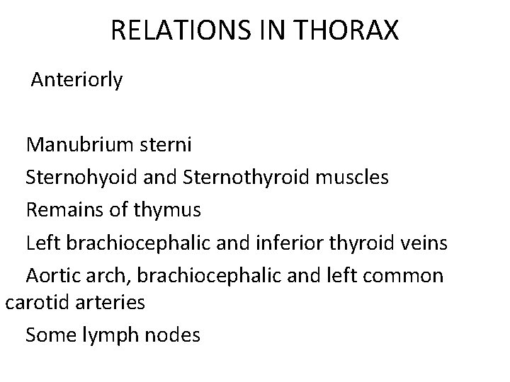 RELATIONS IN THORAX Anteriorly Manubrium sterni Sternohyoid and Sternothyroid muscles Remains of thymus Left