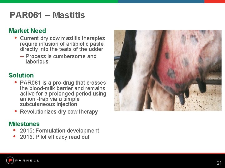 PAR 061 – Mastitis Market Need • Current dry cow mastitis therapies require infusion