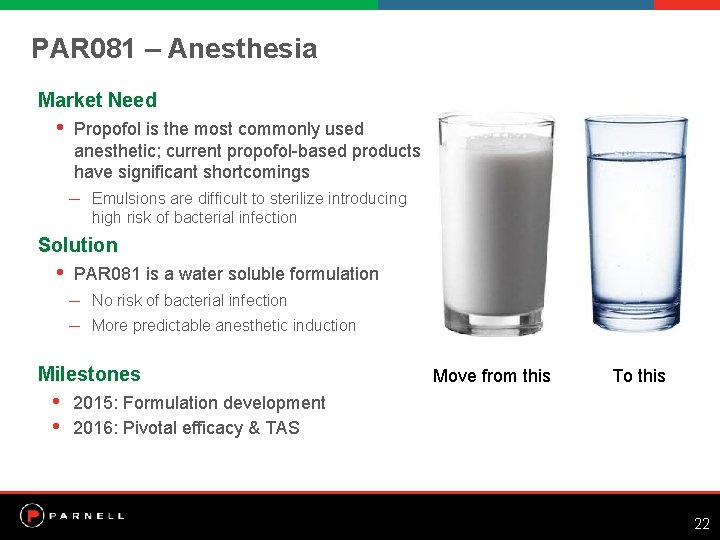 PAR 081 – Anesthesia Market Need • Propofol is the most commonly used anesthetic;