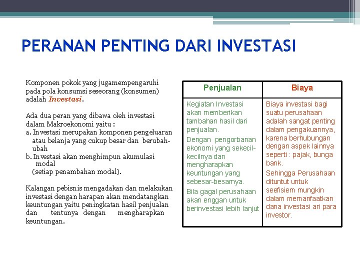 PERANAN PENTING DARI INVESTASI Komponen pokok yang jugamempengaruhi pada pola konsumsi seseorang (konsumen) adalah