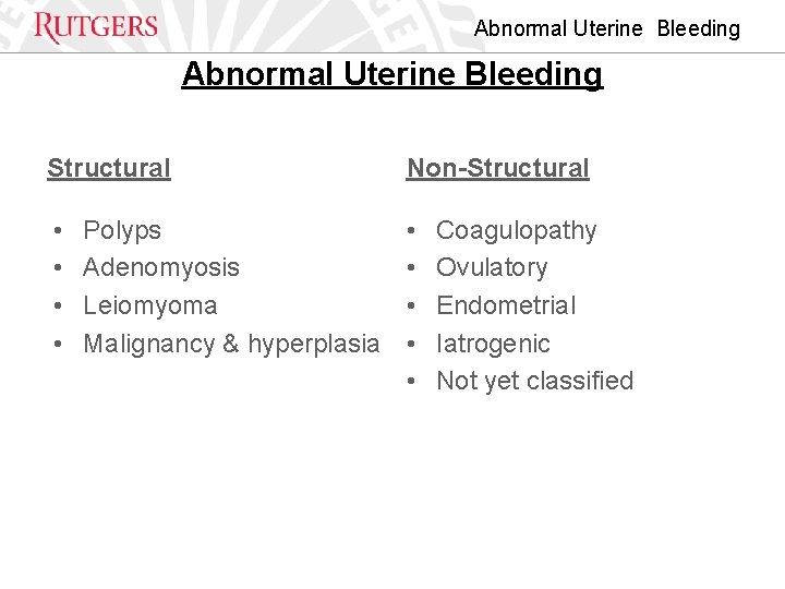 Abnormal Uterine Bleeding Structural Non-Structural • • • Polyps Adenomyosis Leiomyoma Malignancy & hyperplasia