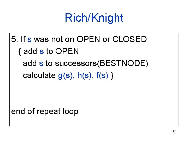 Rich/Knight 5. If s was not on OPEN or CLOSED { add s to
