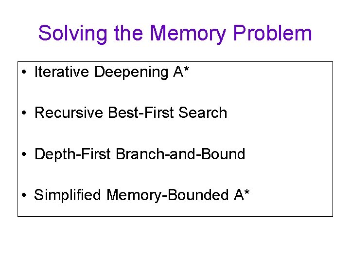 Solving the Memory Problem • Iterative Deepening A* • Recursive Best-First Search • Depth-First