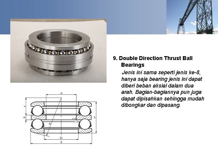 9. Double Direction Thrust Ball Bearings Jenis ini sama seperti jenis ke-8, hanya saja