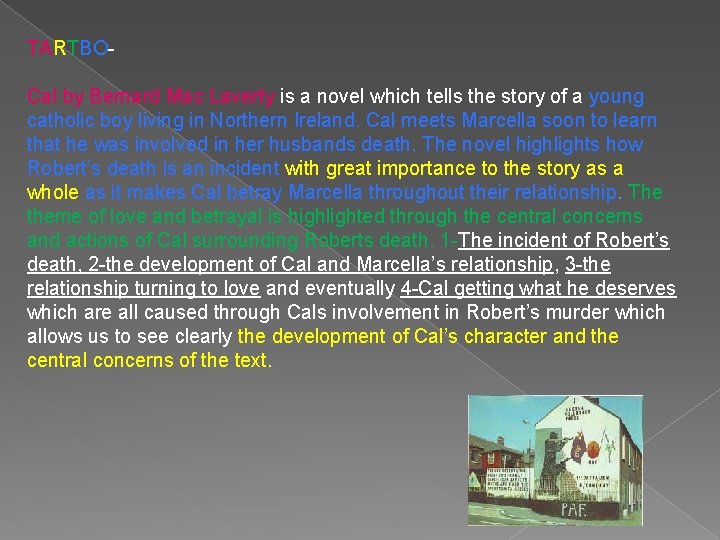 TARTBOCal by Bernard Mac Laverty is a novel which tells the story of a