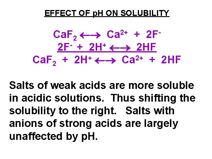 EFFECT OF p. H ON SOLUBILITY Ca. F 2 Ca 2+ + 2 F