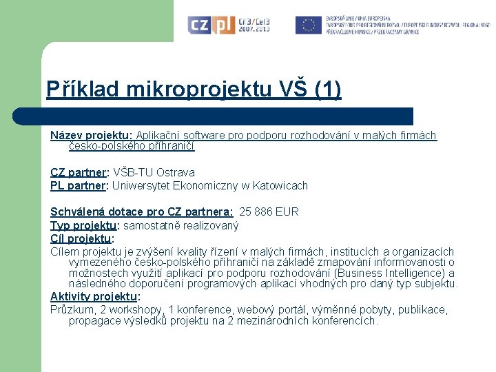 Příklad mikroprojektu VŠ (1) Název projektu: Aplikační software pro podporu rozhodování v malých firmách