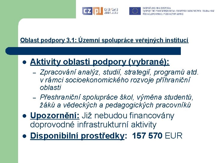 Oblast podpory 3. 1: Územní spolupráce veřejných institucí l Aktivity oblasti podpory (vybrané): –