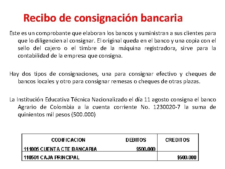 Recibo de consignación bancaria Este es un comprobante que elaboran los bancos y suministran