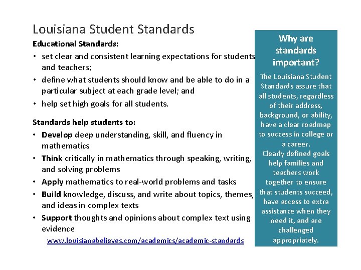 Louisiana Student Standards Why are Educational Standards: standards • set clear and consistent learning