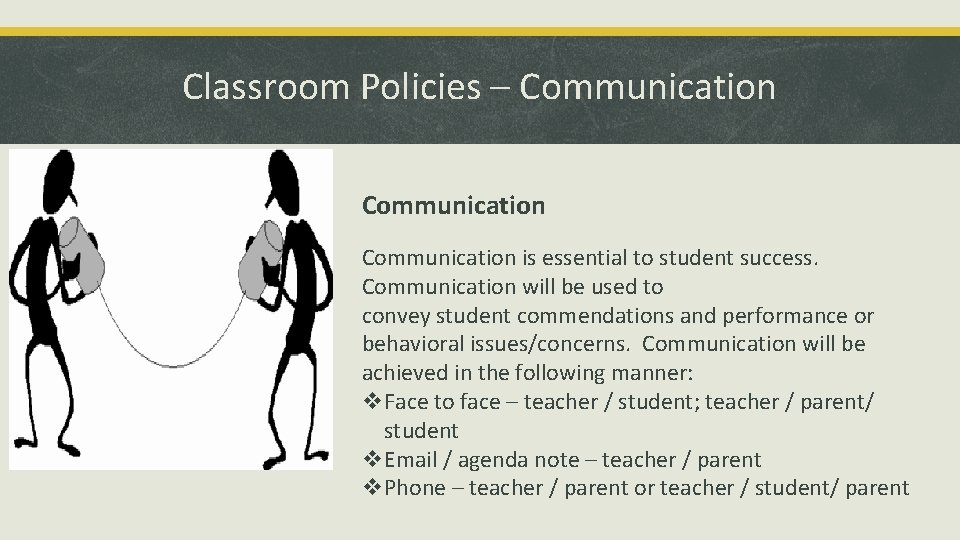 Classroom Policies – Communication is essential to student success. Communication will be used to