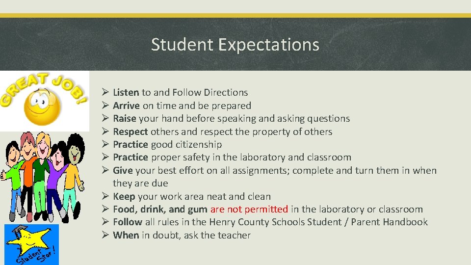Student Expectations Ø Listen to and Follow Directions Ø Arrive on time and be