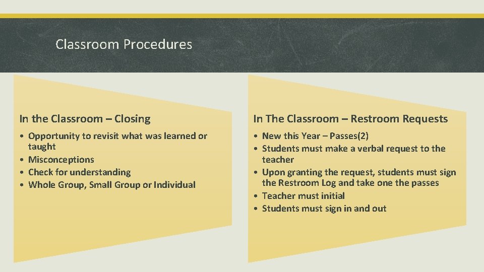 Classroom Procedures In the Classroom – Closing In The Classroom – Restroom Requests •