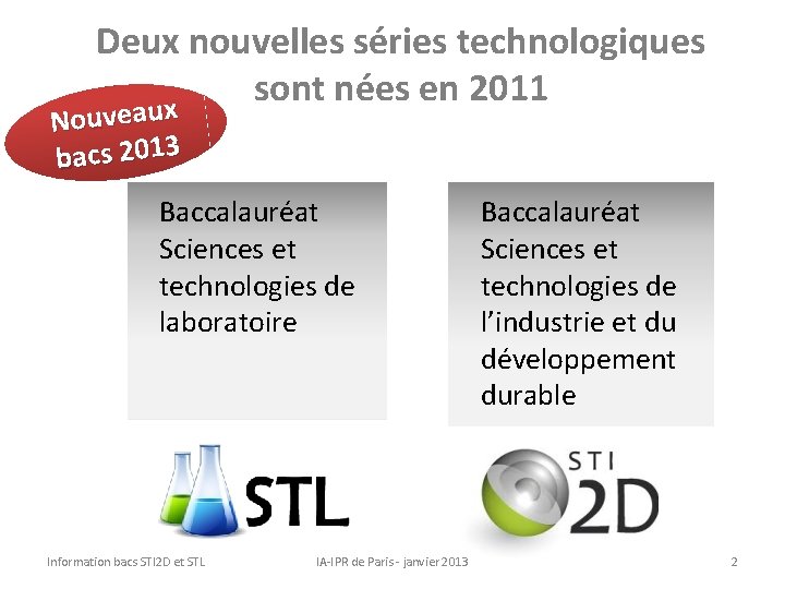 Deux nouvelles séries technologiques sont nées en 2011 x Nouveau bacs 2013 Baccalauréat Sciences