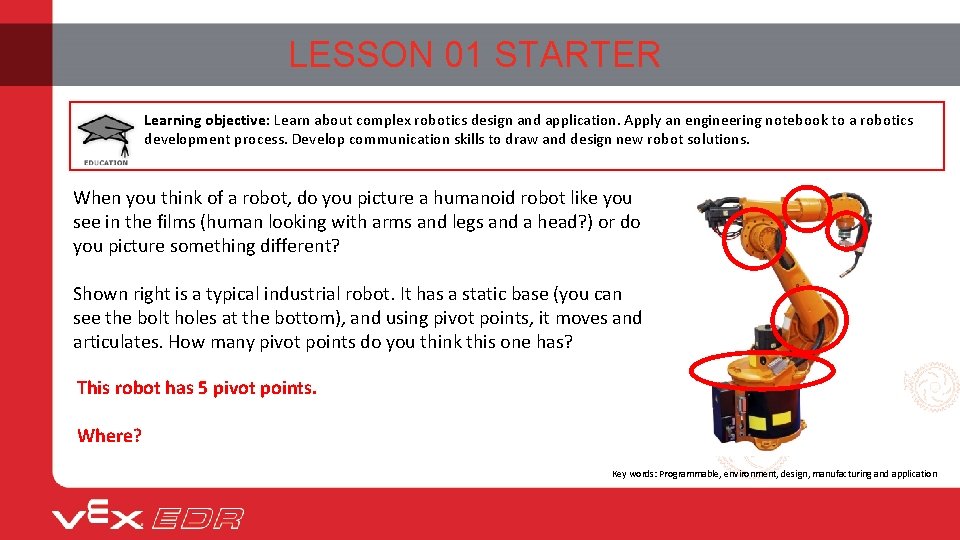 LESSON 01 STARTER Learning objective: Learn about complex robotics design and application. Apply an