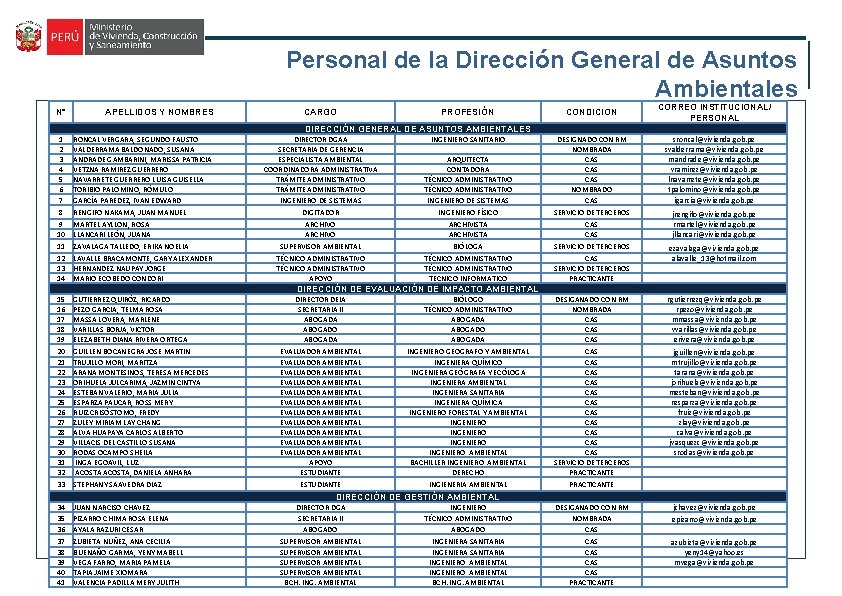 Personal de la Dirección General de Asuntos Ambientales N° APELLIDOS Y NOMBRES CARGO PROFESIÓN Personal de la Dirección General de Asuntos Ambientales N° APELLIDOS Y NOMBRES CARGO PROFESIÓN