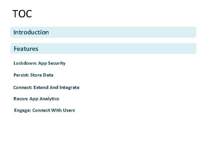 TOC Introduction Features Lockdown: App Security Persist: Store Data Connect: Extend And Integrate Recon: