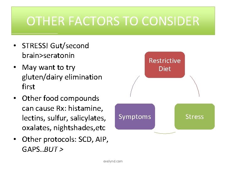 OTHER FACTORS TO CONSIDER • STRESS! Gut/second brain>seratonin • May want to try gluten/dairy