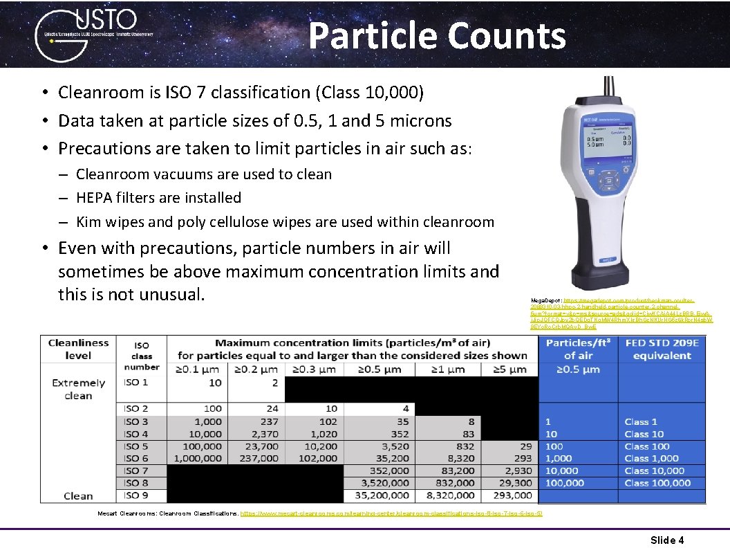 Particle Counts • Cleanroom is ISO 7 classification (Class 10, 000) • Data taken