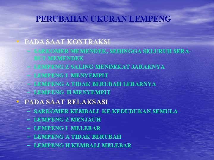 PERUBAHAN UKURAN LEMPENG • PADA SAAT KONTRAKSI – SARKOMER MEMENDEK, SEHINGGA SELURUH SERABUT MEMENDEK PERUBAHAN UKURAN LEMPENG • PADA SAAT KONTRAKSI – SARKOMER MEMENDEK, SEHINGGA SELURUH SERABUT MEMENDEK