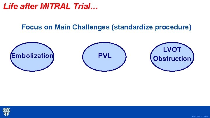 Life after MITRAL Trial… Focus on Main Challenges (standardize procedure) Embolization PVL LVOT Obstruction