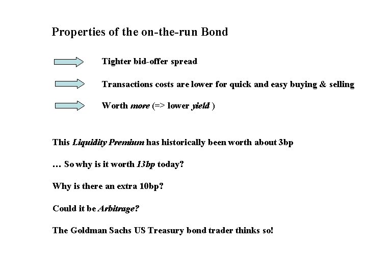 Properties of the on-the-run Bond Tighter bid-offer spread Transactions costs are lower for quick