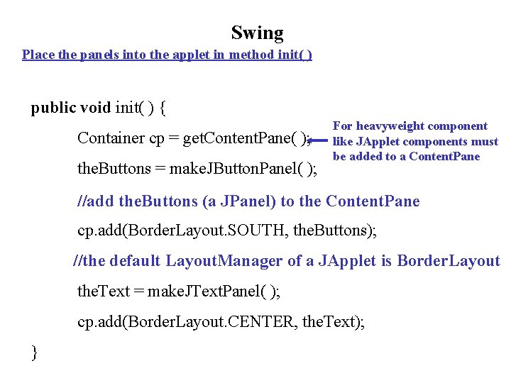 Swing Place the panels into the applet in method init( ) public void init(