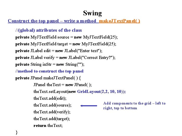 Swing Construct the top panel – write a method make. JText. Panel( ) //(global)