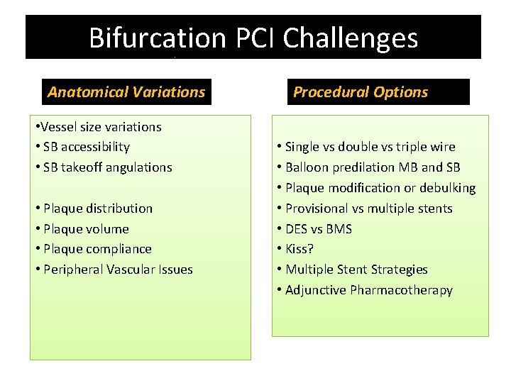 Bifurcation PCI Challenges Anatomical Variations • Vessel size variations • SB accessibility • SB