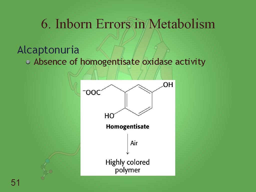 6. Inborn Errors in Metabolism Alcaptonuria Absence of homogentisate oxidase activity 51 