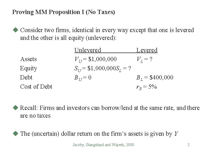 Proving MM Proposition I (No Taxes) u Consider two firms, identical in every way