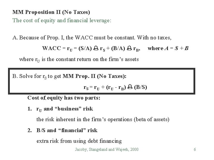 MM Proposition II (No Taxes) The cost of equity and financial leverage: A. Because