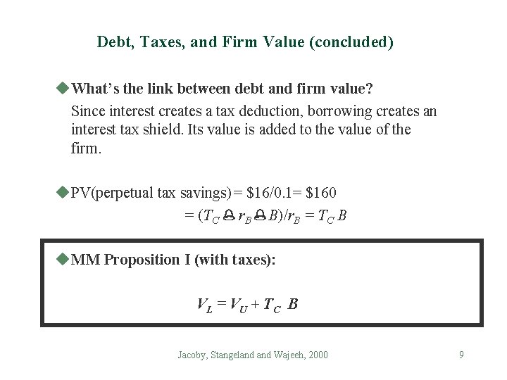 Debt, Taxes, and Firm Value (concluded) u. What’s the link between debt and firm
