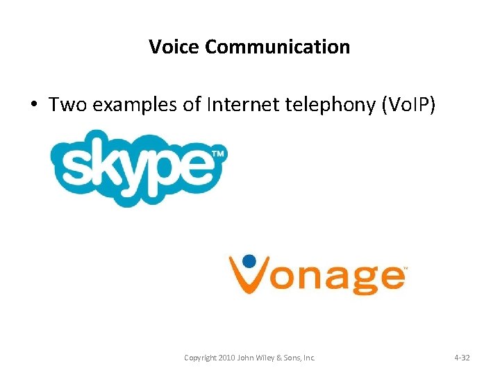 Voice Communication • Two examples of Internet telephony (Vo. IP) Copyright 2010 John Wiley