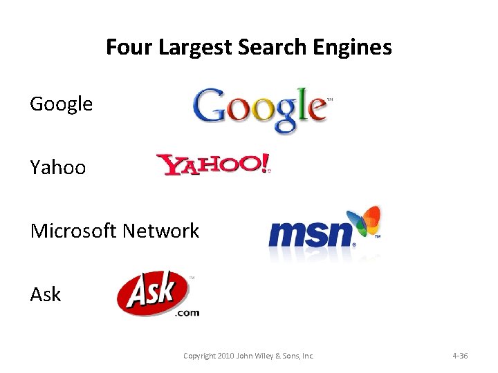 Four Largest Search Engines Google Yahoo Microsoft Network Ask Copyright 2010 John Wiley &