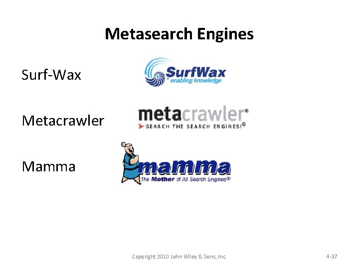 Metasearch Engines Surf-Wax Metacrawler Mamma Copyright 2010 John Wiley & Sons, Inc. 4 -37