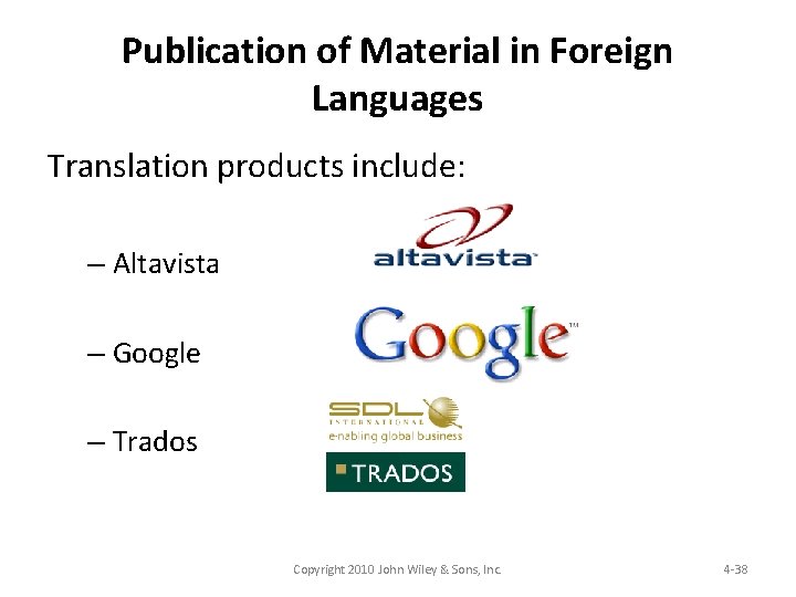 Publication of Material in Foreign Languages Translation products include: – Altavista – Google –