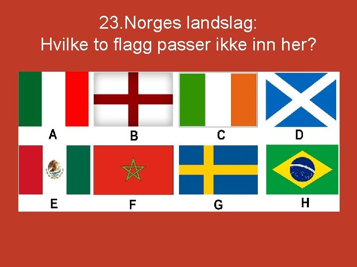 23. Norges landslag: Hvilke to flagg passer ikke inn her? 