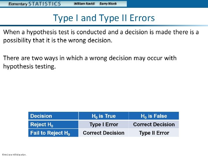 Type I and Type II Errors • ©Mc. Graw-Hill Education. 