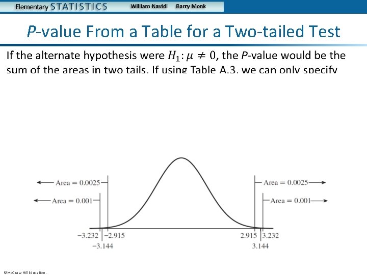 P-value From a Table for a Two-tailed Test • ©Mc. Graw-Hill Education. 