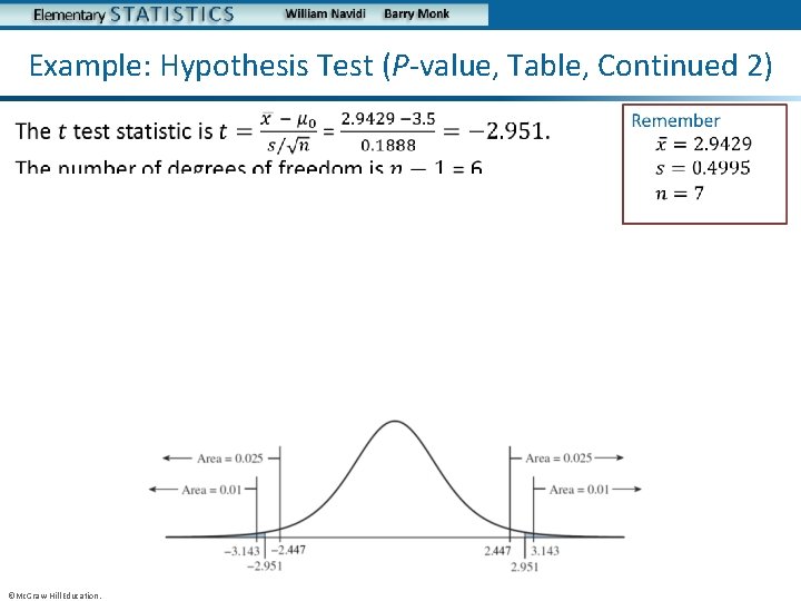 Example: Hypothesis Test (P-value, Table, Continued 2) • ©Mc. Graw-Hill Education. • 