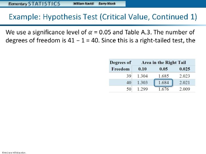 Example: Hypothesis Test (Critical Value, Continued 1) • ©Mc. Graw-Hill Education. 