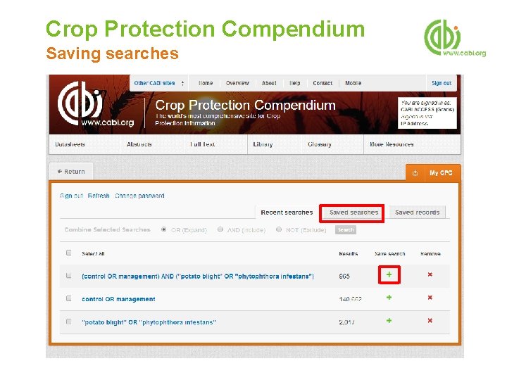 Crop Protection Compendium Saving searches 