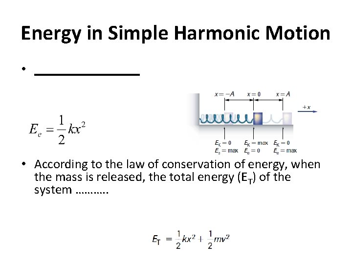 Energy in Simple Harmonic Motion • ________ • According to the law of conservation