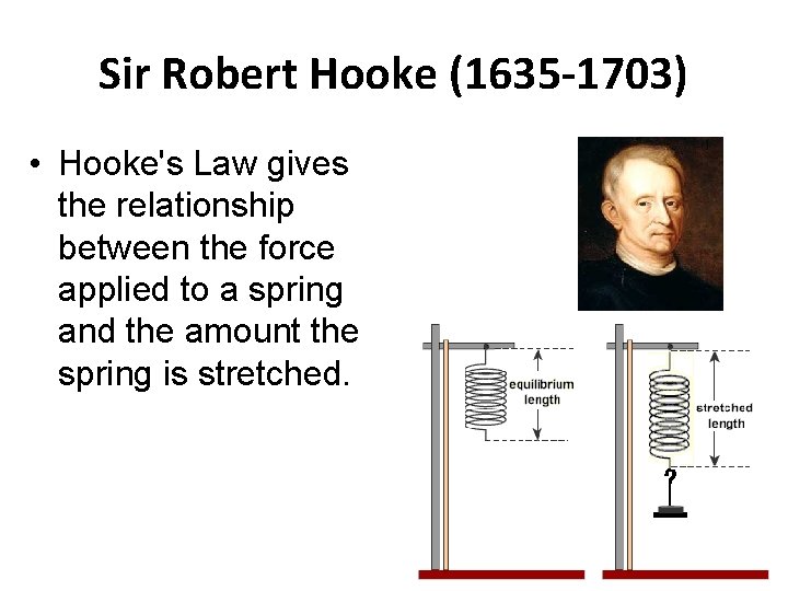 Sir Robert Hooke (1635 -1703) • Hooke's Law gives the relationship between the force